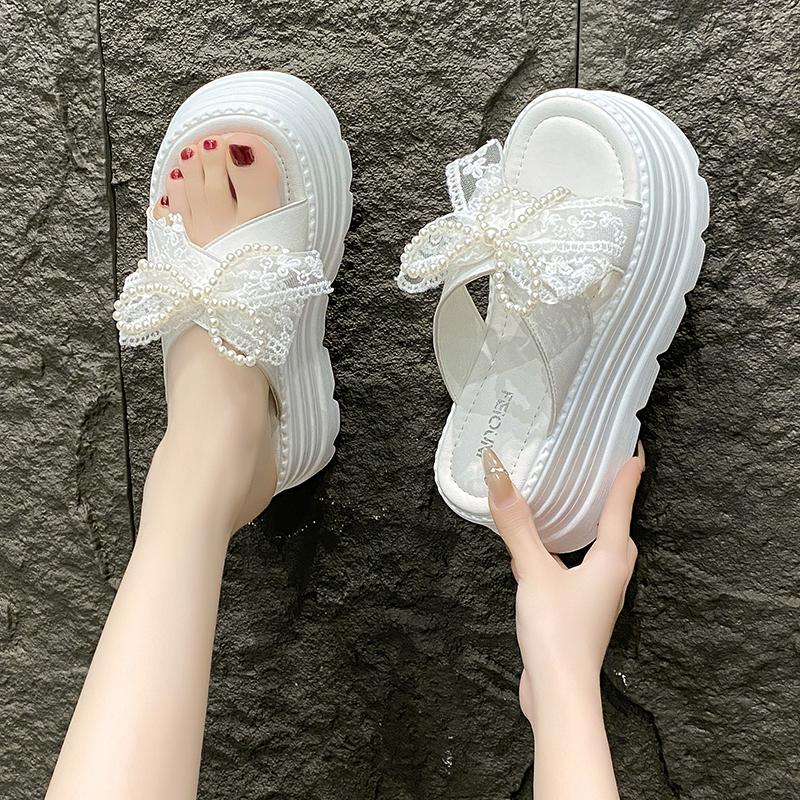 

2025 Summer Casual High Platform Sandals Women Luxury Pearl Slippers Thick Bottom Pearl Sandalias Woman Chunky Beach Shoes Mujer 34 білий