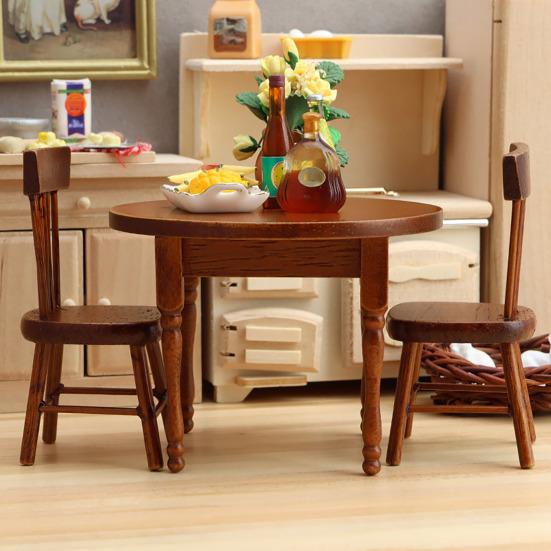 Miniature Dining Table Chair Set Handmade 1:12 Miniature Furniture Retro Doll Mansion Furniture for Girls Boys Pretend Play