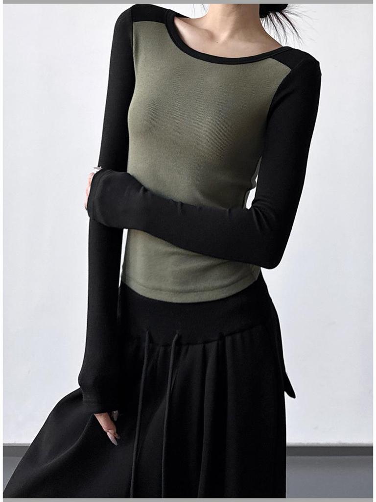T-shirt à Manches Longues Color-Block Coupe Ajustée pour Femme - Design Élégant Hiver 2025 pour Porter Seul ou en Couche