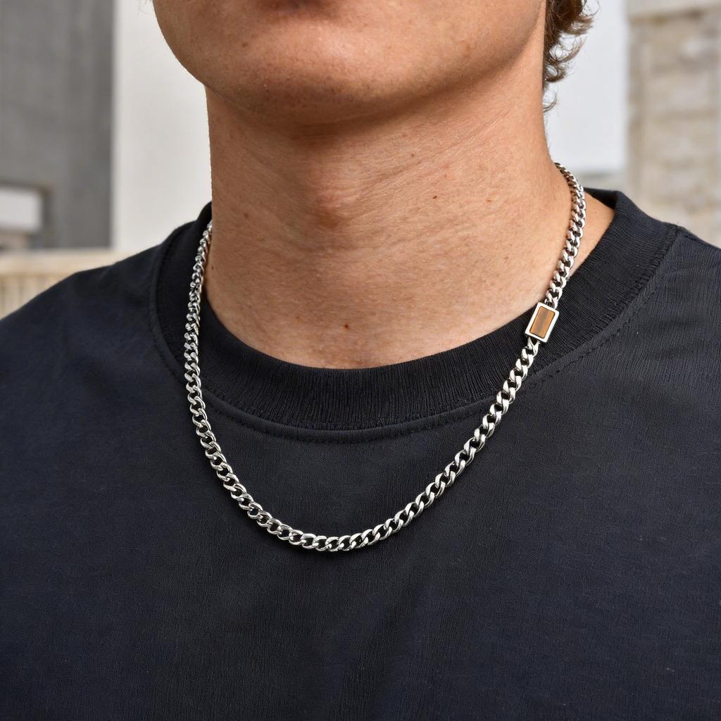 Men's Blue Natural Stone Chain Necklace,5mm Trendy Stainless Steel Cuban Link Choker,Hip-hop Punk Jewelry Gift