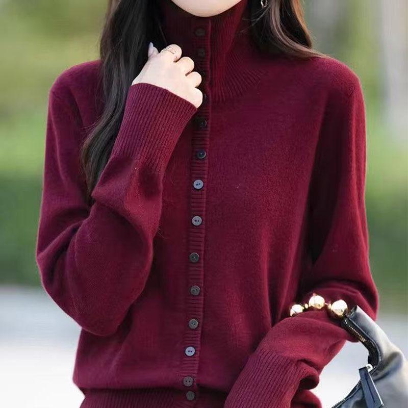 Cross2025 Women's Thickened High Collar Wool Sweater Coat - Autumn/Winter Temperament Simple Lapel Top