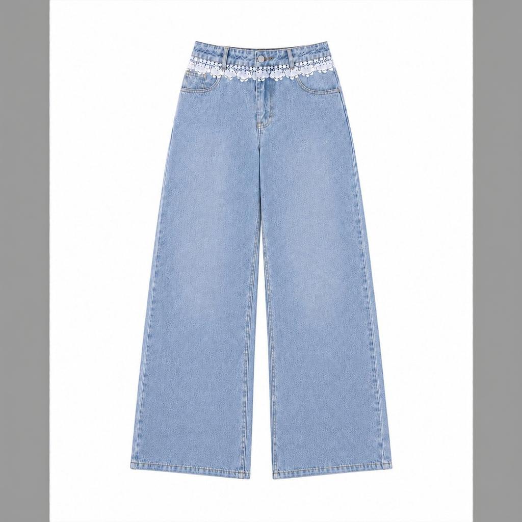 Women's Casual Wide Leg Jeans with Lace Trim Waistband for Everyday Wear