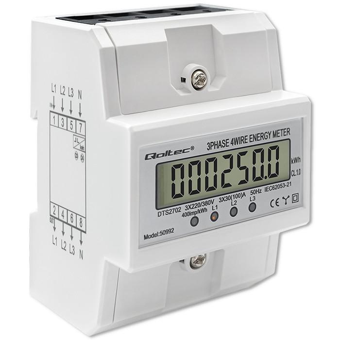 Qoltec Dreiphasen-bidirektionales elektronisches Messgerät | Energiezähler für Hutschiene | 400V | 100A | LCD | 4P