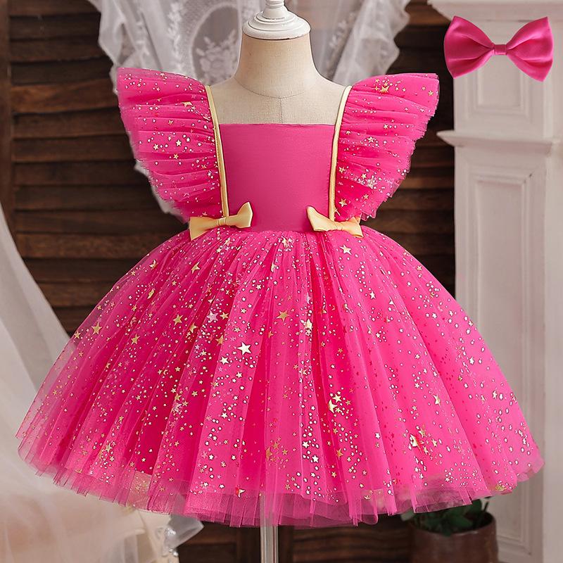 Robe de Fête pour Enfant Robe d'Été Princesse Étoile Paillettes Nœud Jupe en Voile Jupe Fille Robe Mignonne Mode Robe Enfant Bouffante 80 red