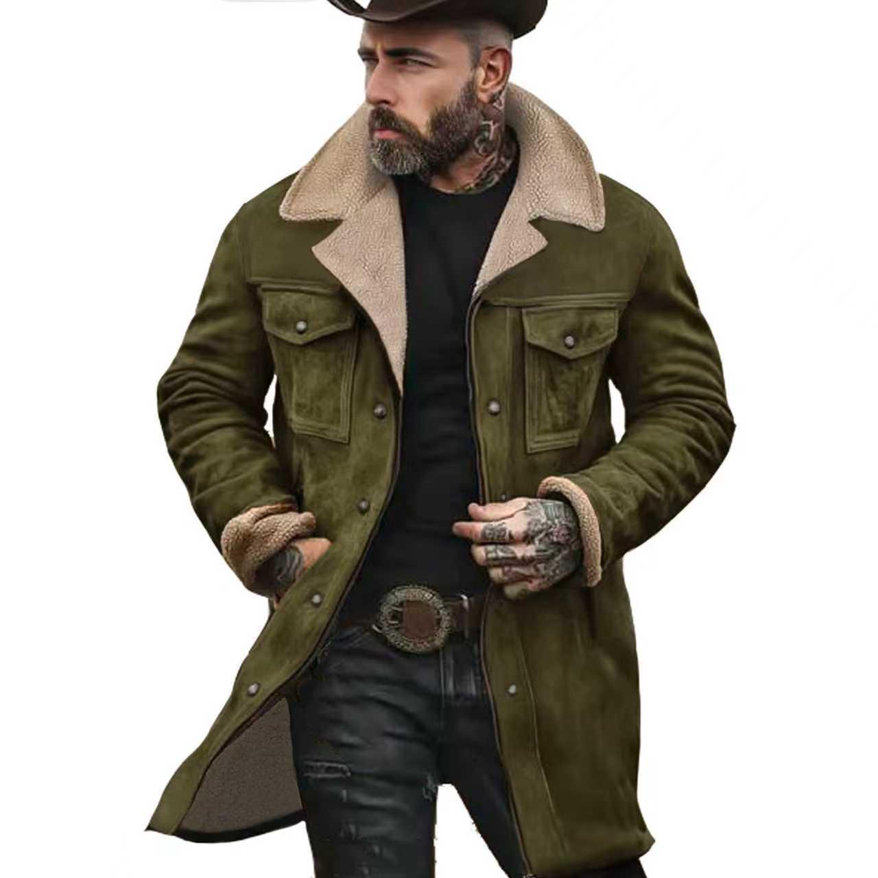 Men s 2026 Autumn/Winter Suede Patchwork Jacket with Multi-Pocket Zipper S
