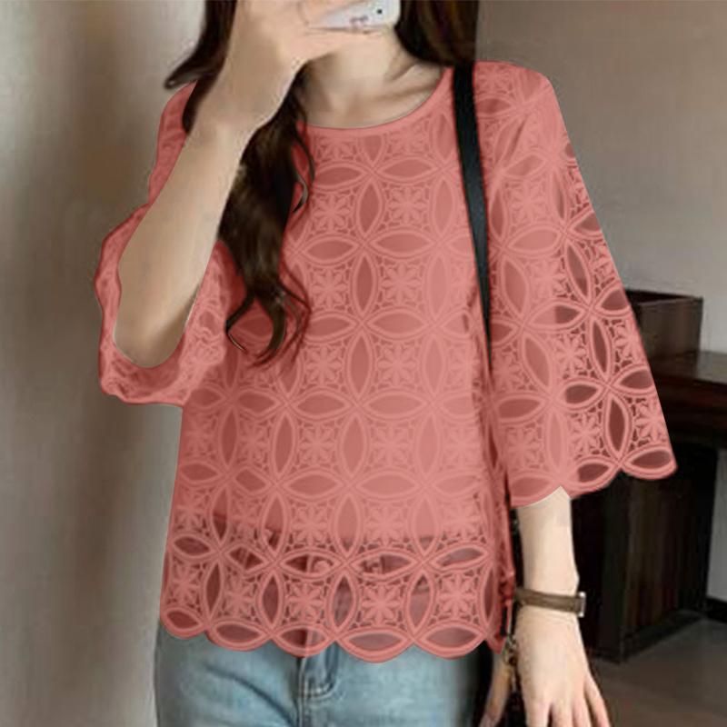 ZANZEA Women Casual Round Neck 3/4 Sleeve Loose Patchwork Lace Blouse