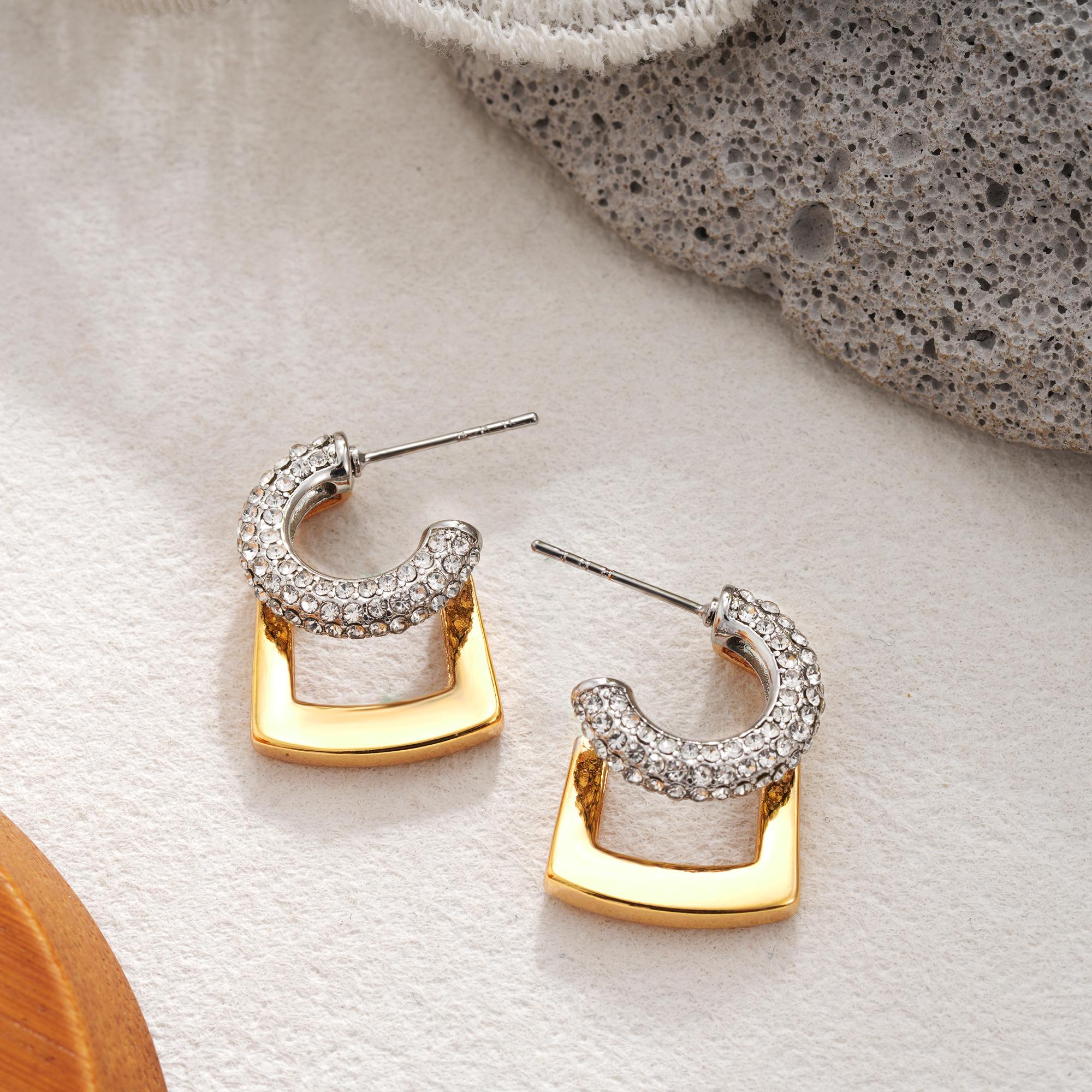Luxury Paved Zircon C-Shape Stud Earrings for Women Two Tone Gold Silver Geometric Square Hoop Fashion Gold Plated Jewelry Gift