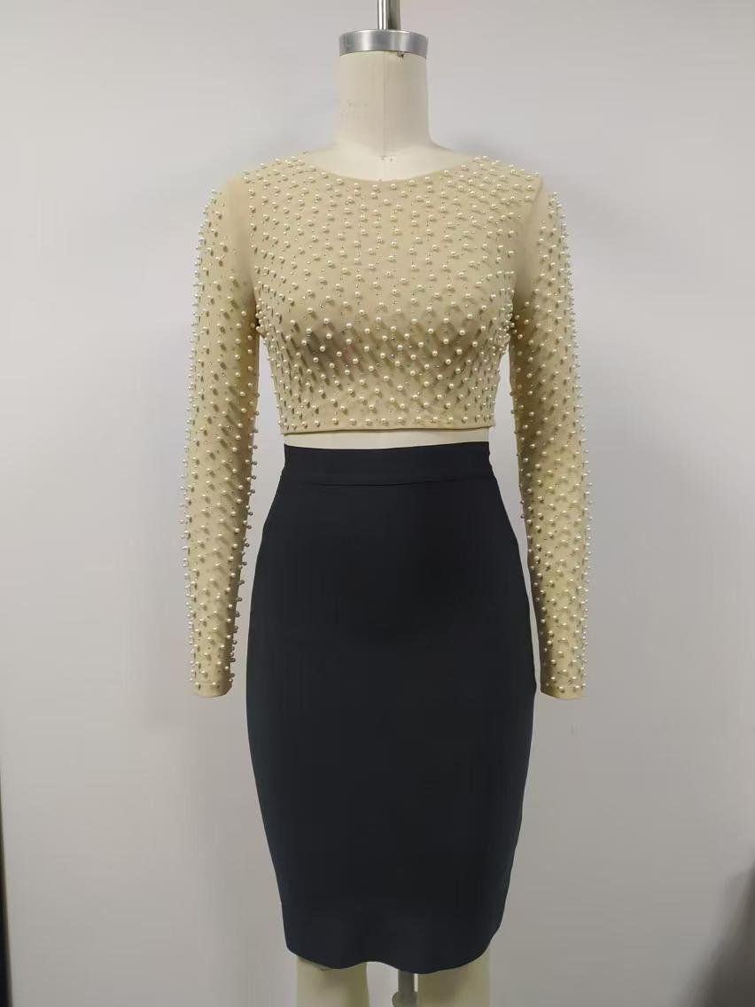 

Европейский и американский осенний укороченный топ из бисерной сетки - Облегающий крой, Длинный рукав, Круглый вырез, Сексуальная женская мода Small абрикосовый