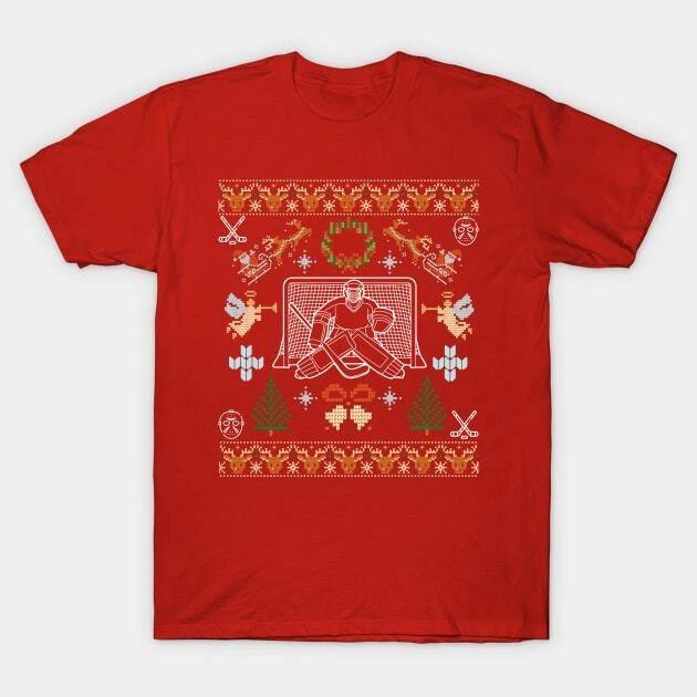 Hockey Holiday Goalie Ugly Tee: Puck the Halls! Made in Australia T-Shirt L