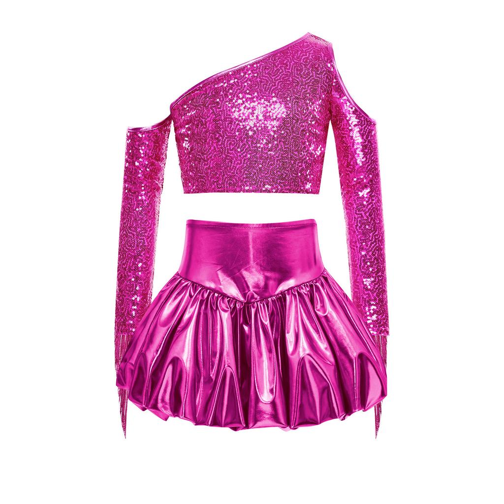 Meisjes Performance Outfit Metallic Glanzend Cold Shoulder Crop Top Lange Mouwen Kwastjes Design Feest Bellenrok