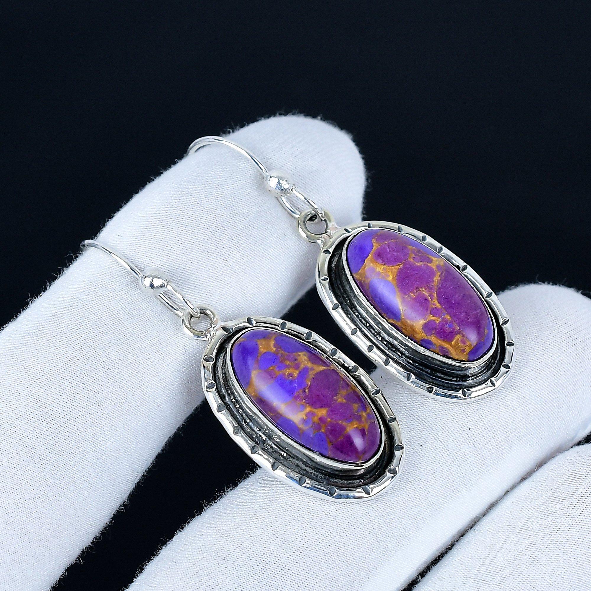 

Purple Copper Turquoise Gemstone Earrings, 925 Sterling Silver Earrings, Handmade Silver Earrings For Gift, Turquoise Dangle Earrings Christmas Gift 5.5 Cm фиолетовый