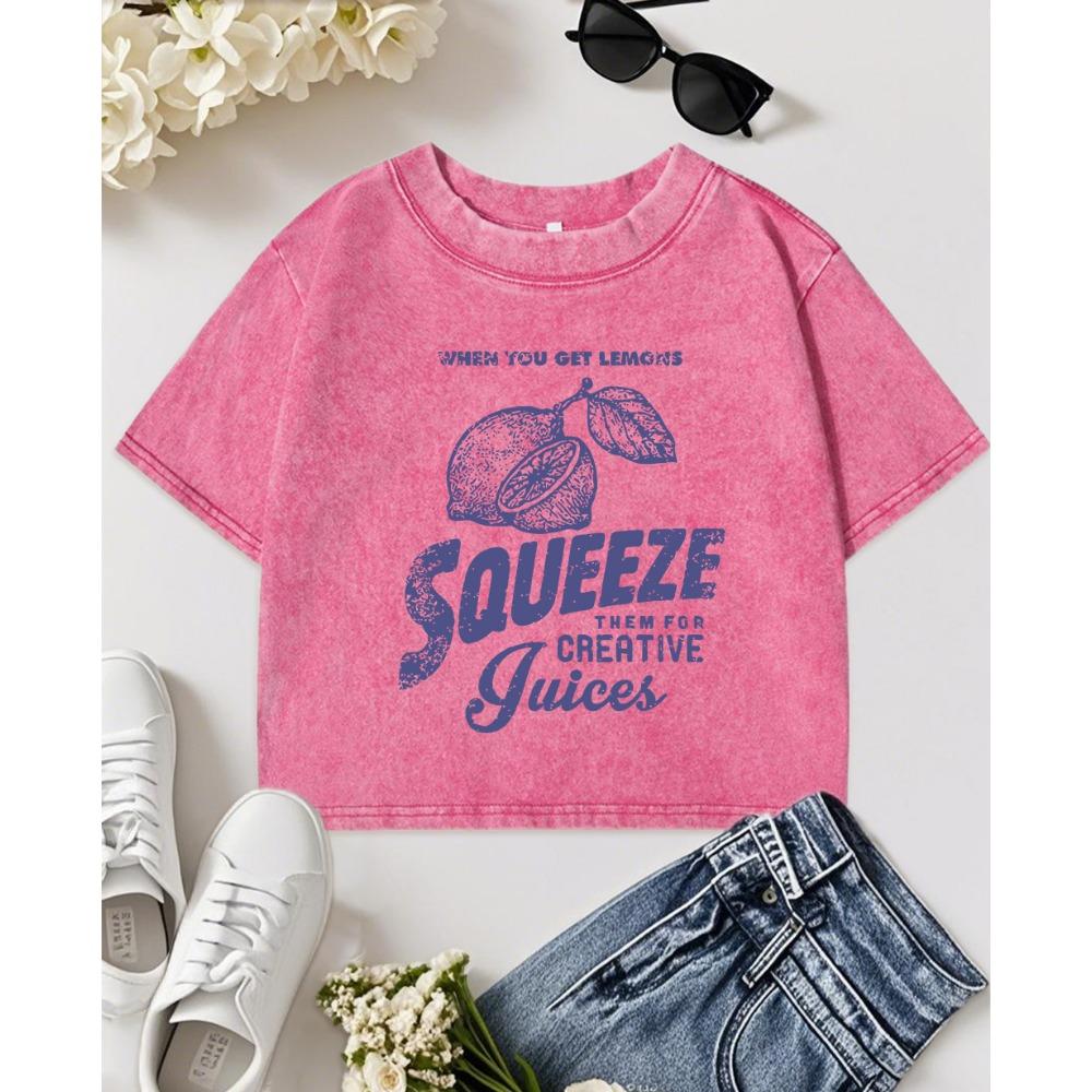 Creative Squeeze Lemon Juices Prints Washed Slim T Shirt Women Y2K Crewneck Short Sleeve Crop Cotton T-Shirt Clothes