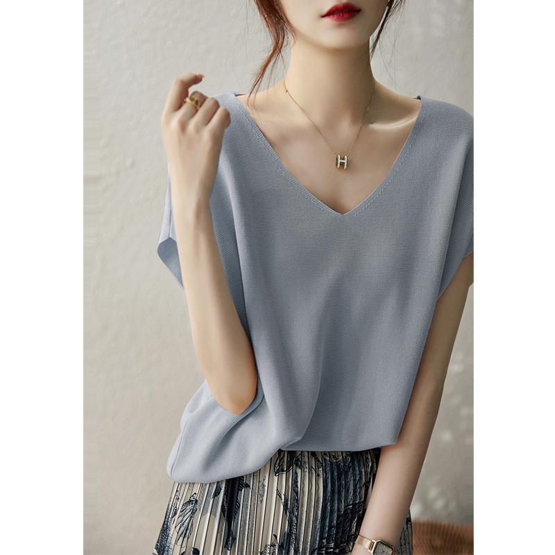 Summer New Thin Fashion Bat Sleeve Casual Loose Knitted Shirt Women Solid Elegant Ice Silk Blouse Women Simple Slim Office Ladies Shirts Tops 26633