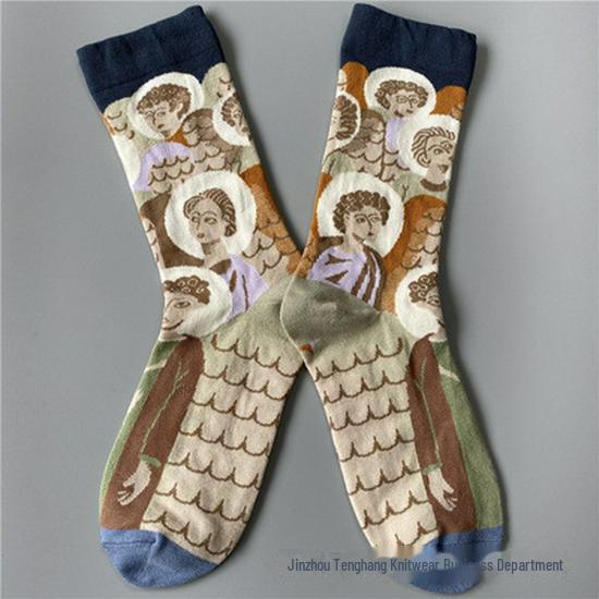 Șosete la modă cu pictură în ulei franceză: Șosete de vițel colorate, cu tub mediu-înalt, de nișă, la modă pentru femei