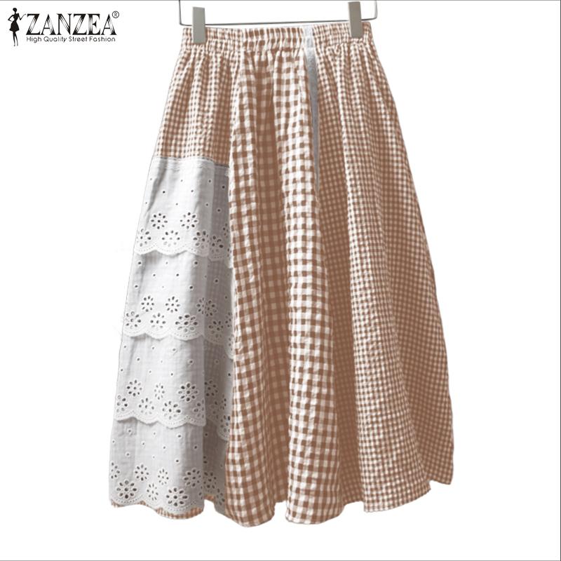 ZANZEA Fuste Dama Casual Dantelă Croșetată Patchwork Largi Carouri