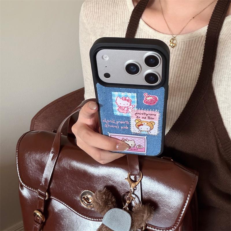 Korean Denim Cat Embroidery Phone Case for iPhone 17/16 Pro Max/15/14