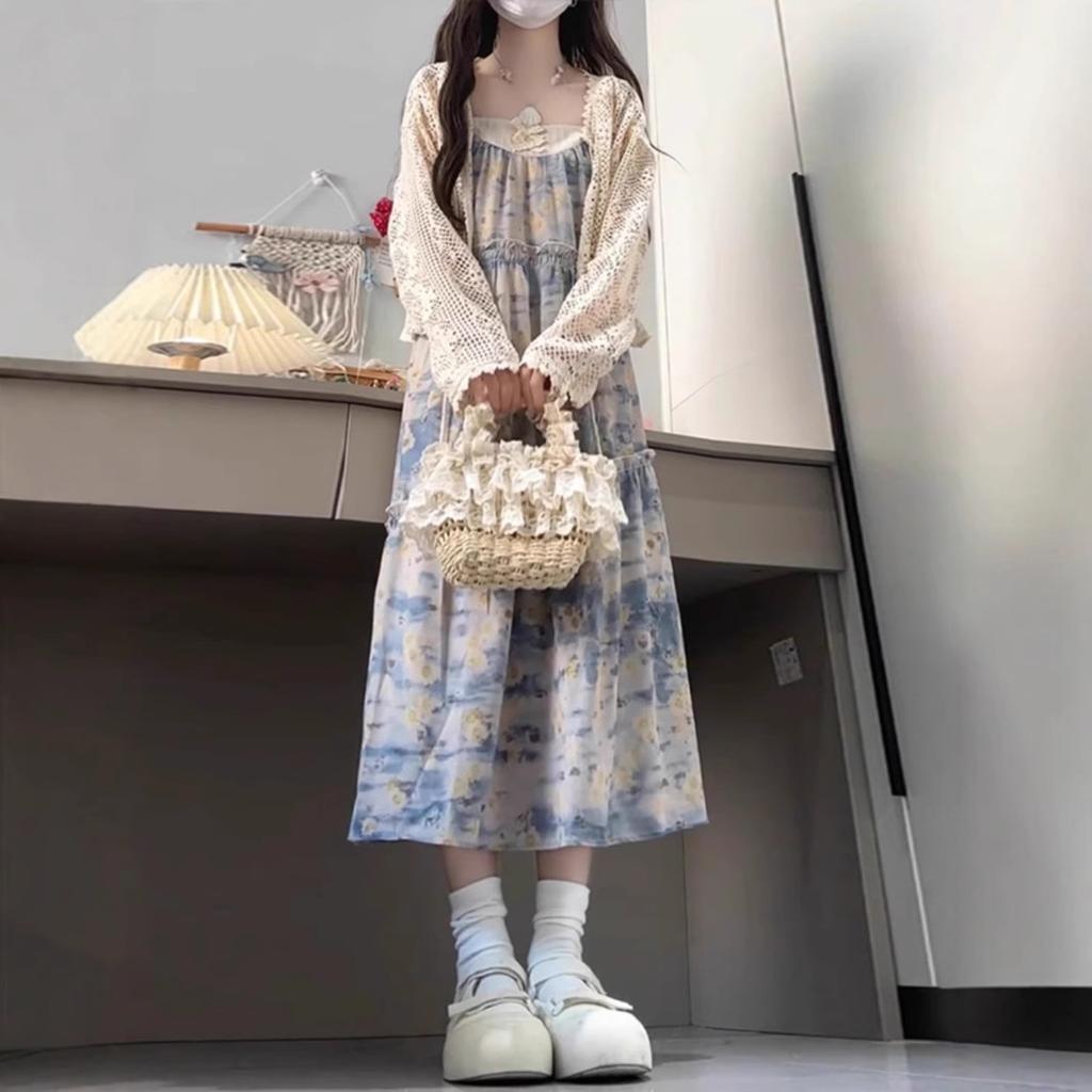 Summer new holiday wind floral suspender dress pastoral small ethnic Mori seaside beach long dress women