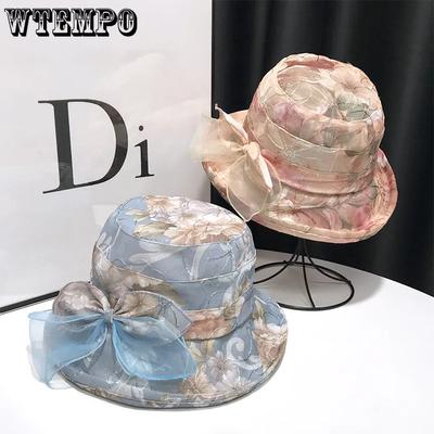 Retro Elegant Large Brim Foldable Floral Printed Sun Hats Solid Color Casual Versatile Summer Mesh Bow Sunscreen Hats