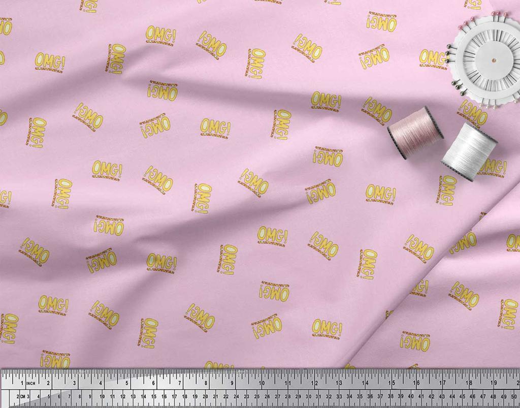 Soimoi Pink Japan Crepe Satin Fabric OMG Text Print Fabric by metre 42 Inch
