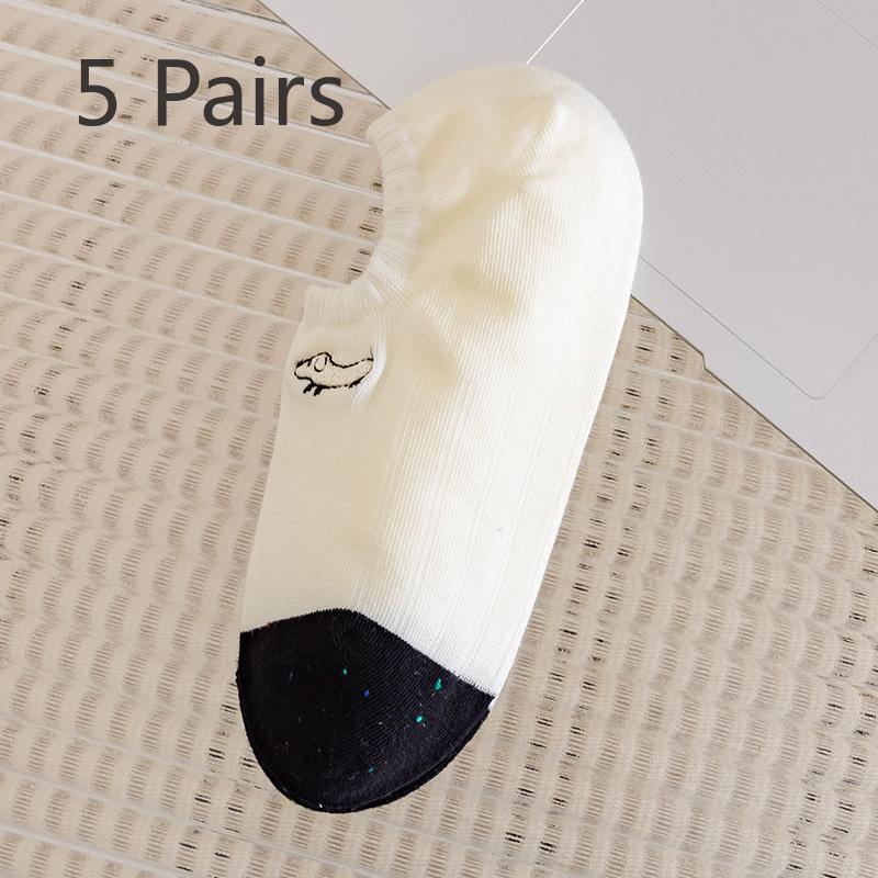 5 Pairs Boat Socks Women Shallow Mouth Short Socks Summer Thin Embroidery Puppy Boat Socks Cute Tide Net Red Invisible Socks Women