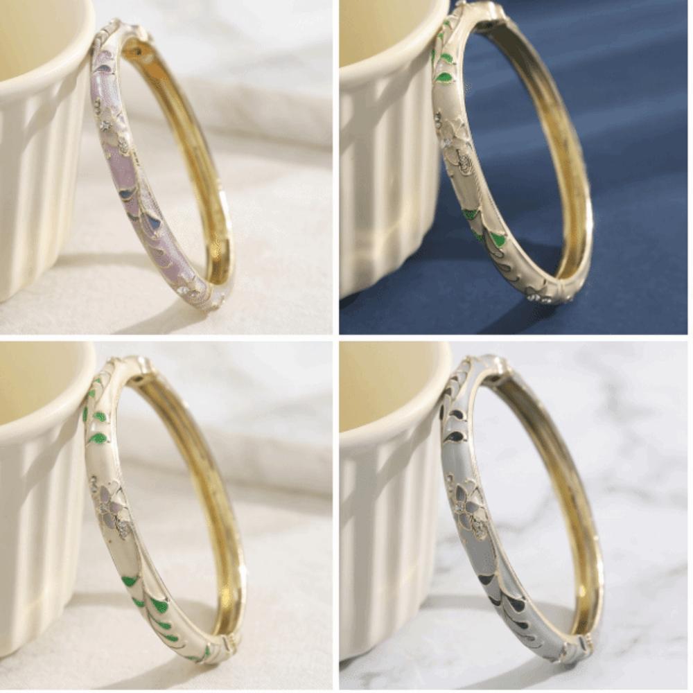 Gold Plated Enamel Bangle Bracelet Retro Light Luxury Flower Enamel Bangle Traditional Chinese