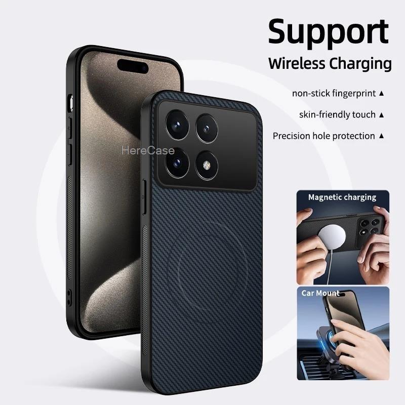 X7 Magnetic Silicone Case For Poco X6 X7 Pro Wireless Charging Carbon Fiber PU Leather Texture Anti-Drop Soft Cover Phone Cases