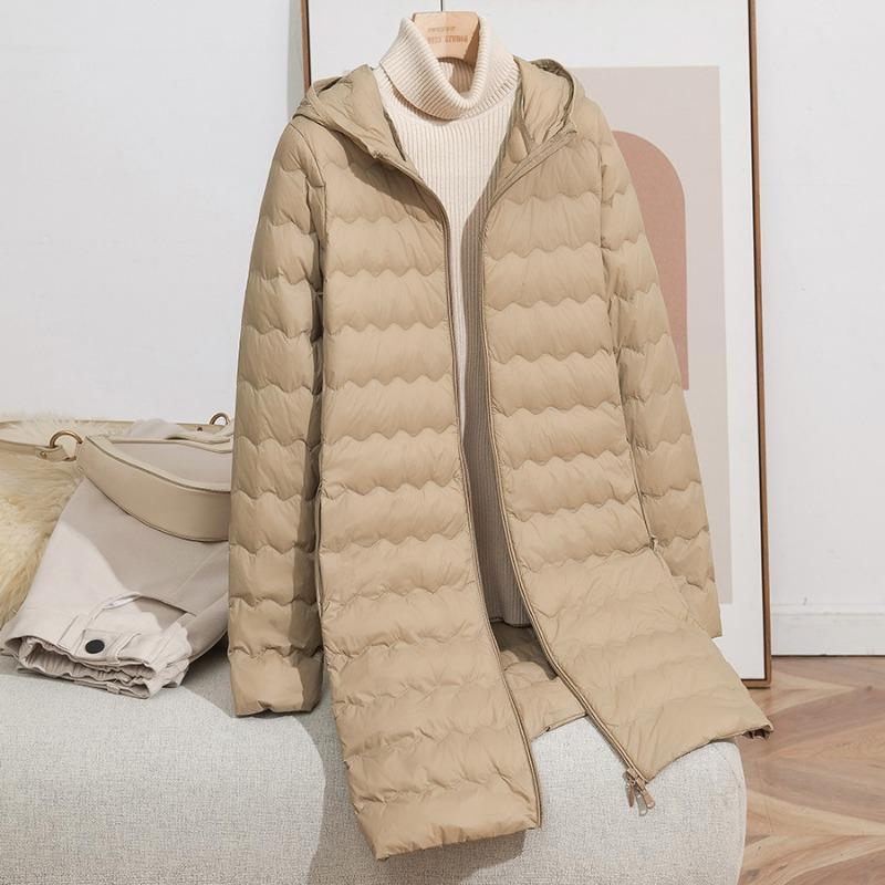 Autumn and Winter New Fashion Hooded Wavy Medium and Long Light Down Jacket Women's Zipper Jacket Warm Tide