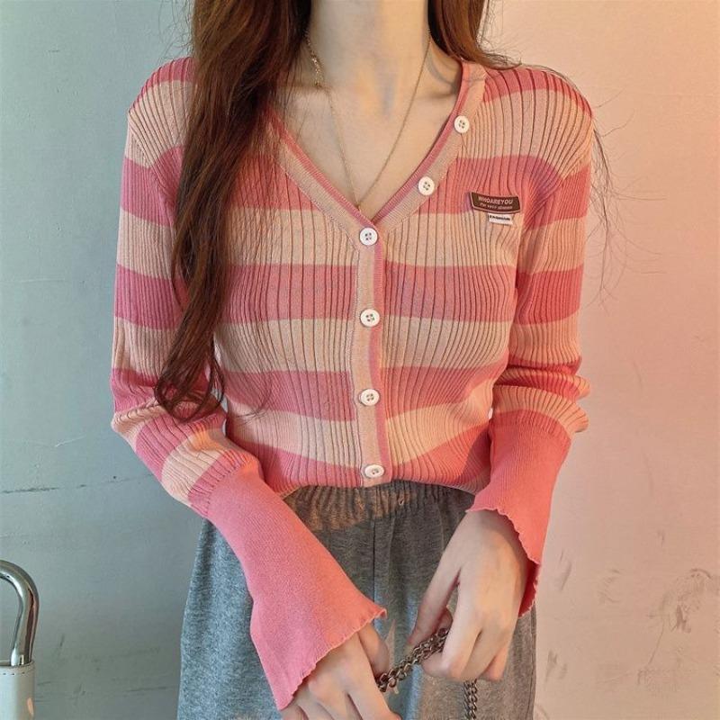 Sweet texture outerwear top knitted sweater collar striped long sleeve knitted women's slim spice cardigan