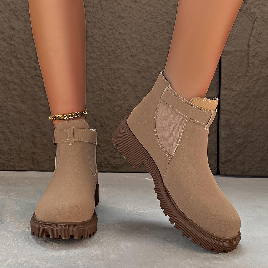 2024 Fashion Buckle Women's Boots Autumn Round Toe Solid Flock Short Barrel Shoes for Women Chunky Heels Large Size Naked Boots