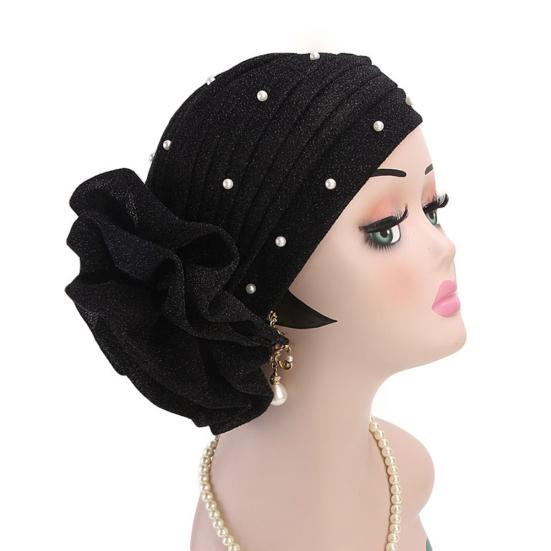 Fashion Faux Pearl Decor Big Flower Women Elastic Hat Soft Head Wrap Cap Gifts