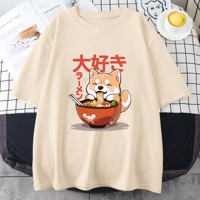 Koszulki Shiba Inu Jedzący Ramen 100% Bawełna Wysoka Jakość Letnia Koszulka Casual Kobiety/Mężczyźni Koszulka Kawaii Urocze Koszulki dla Dziewczyn