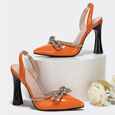 Tolle Qualität, schicke, trendige, orangefarbene, spitze Zehenpartie mit Bling-Fliege, elegante, sexy High Heel-Sommerparty-Bürodamen-Sandalen