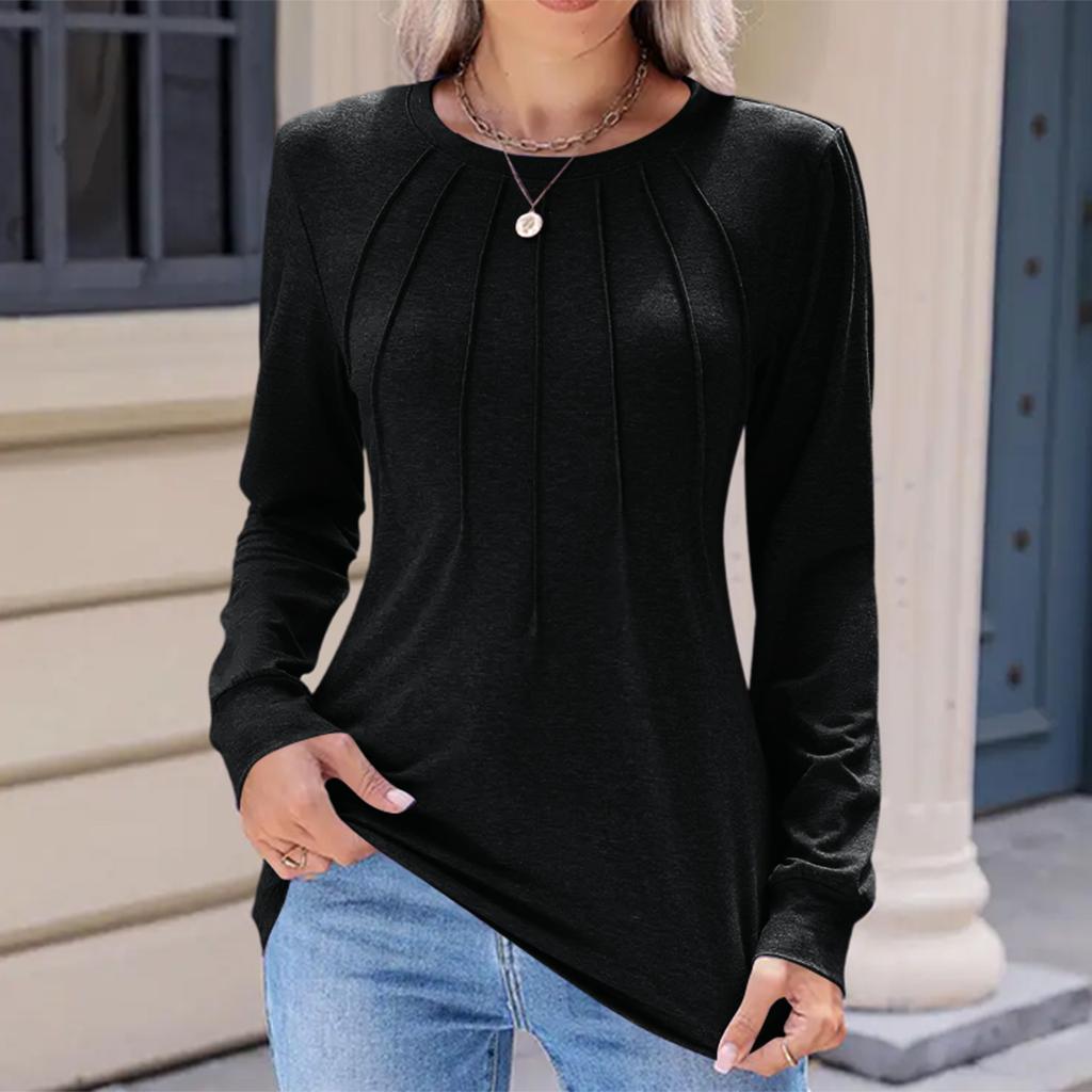 Women's Fashion Casual Solid Color Pleated Comfortable Round Neck Loose Long Sleeve T-shirt Top