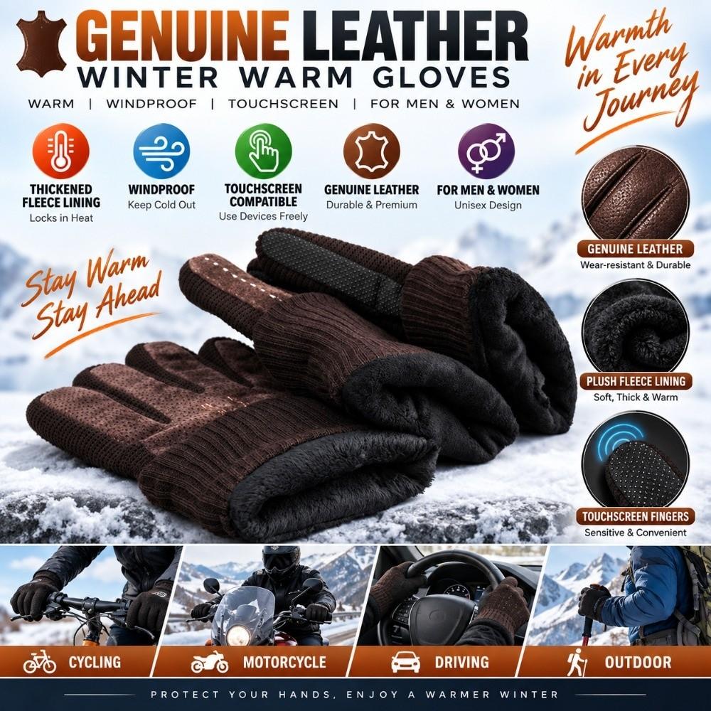 Full Finger Riding Cycling Gloves Touch Screen Fleece Lined Gloves Genuine Leather Gloves Men