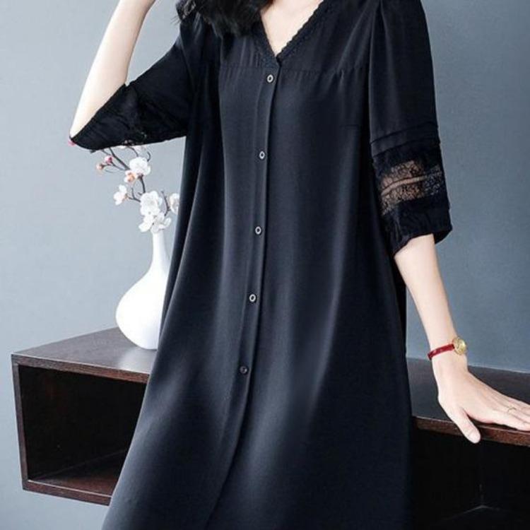 Plus Size Summer Dress V Neck Lace Hollow Out A Line Midi Knee Length Loose Half Sleeves Solid Color Single Breasted Womens Dress