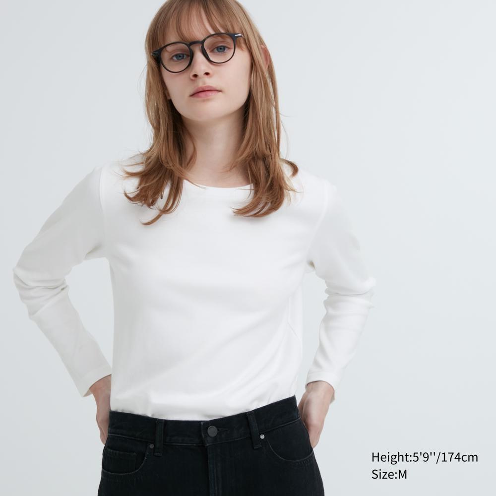 

UNIQLO Гладкая футболка из эластичного хлопка с круглым вырезом и длинными рукавами