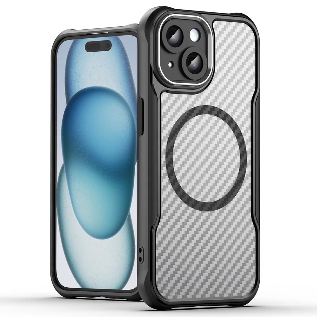 For iPhone 15 Case Compatible with MagSafe Carbon Fiber Texture TPU+PC Phone Cover