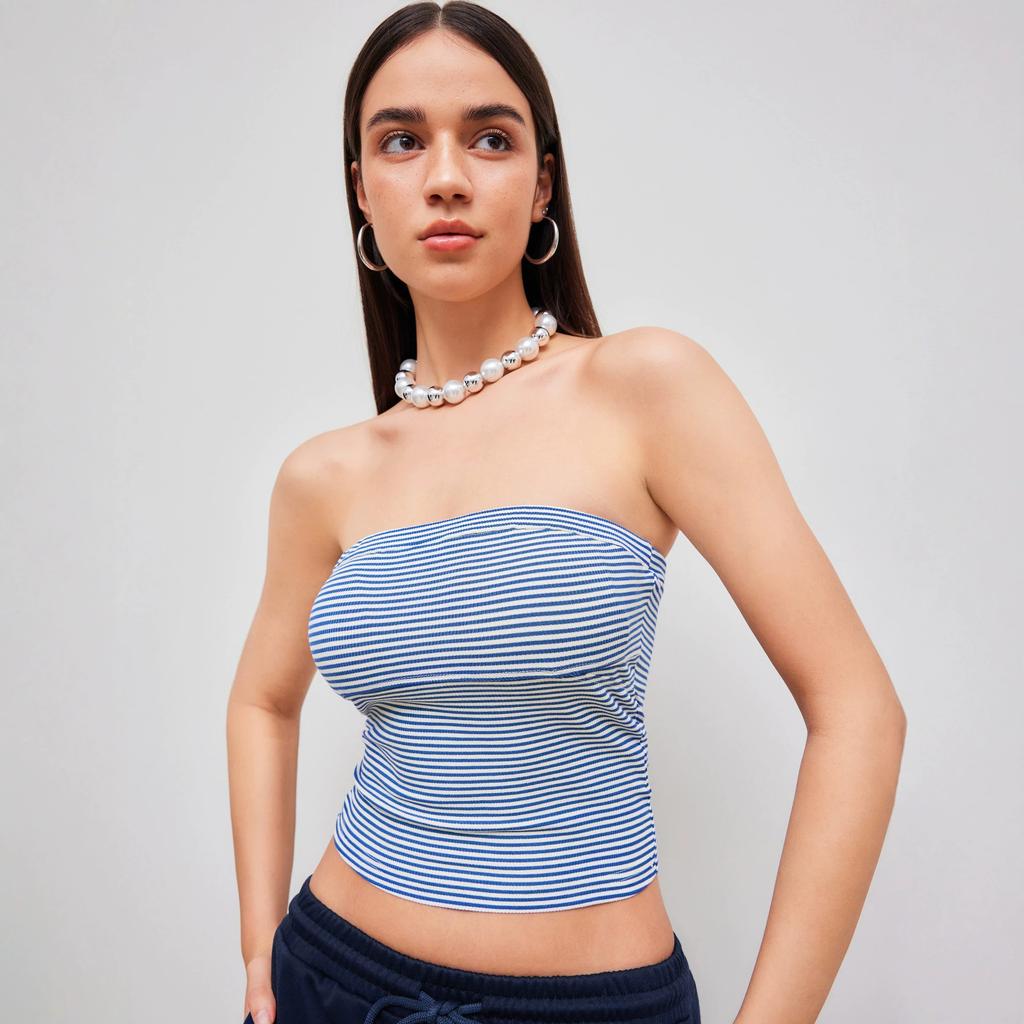 American Retro Striped Tube Top Women's Summer Color Matching Elastic and Thin Sleeveless Sling Vest Spice Girl Waist Shirt