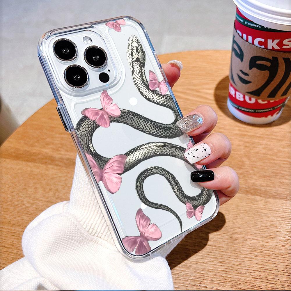 Snake with Pink Butterflies Phone Case for IPhone 17 15 16 14 13 12 11 Pro Max Plus 12 13 Mini TPU Protect Cover