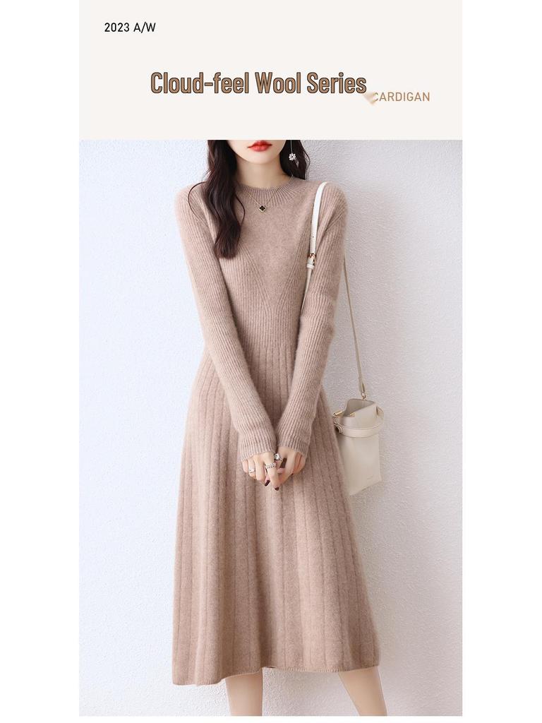 Women's Wool Round Neck Long Sweater Dress - Autumn/Winter Slim Knit Versatile Outerwear