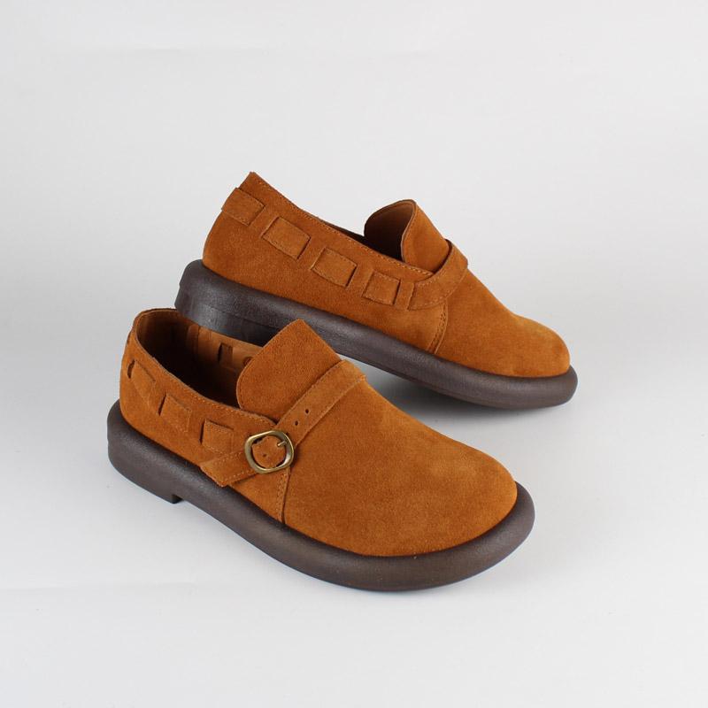 Fashion Suede Cowhide Platform Lefu Shoes Outdoor Women's Shoes Genuine Leather Brown Coffee Interior Sheepskin Vintage BigToe Workshoes