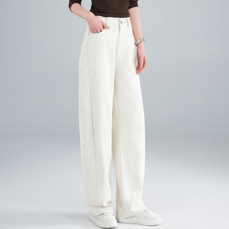 Summer New Pants White Printed Jeans Straight Loose and Versatile Women's Wide-leg Pants