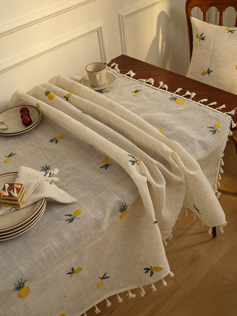 Table Cloth Embroidery Floral Pattern Wrinkle Free Heavy Weight Cotton Linen Farmhouse Tablecloth Decorative Fabric Tassel Table
