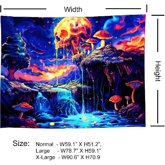 Onivein Blacklight Skull Forest Tapestry UV Reactive Skeleton Mushroom Waterfall Tree Tapestries Wall Hanging Aesthetic Tapestry for Bedroom Dorm