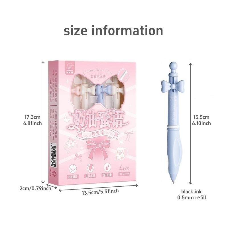 4pcs Lovely Flower Gel Pens Set, Pinch Grip Camellia Floral Pink Bowknot Star Dream Clip 0.5mm Black Color Ink for Writing