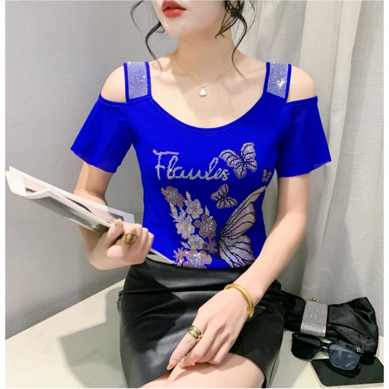 Fashion Women’s Mesh Bling Butterfly T-Shirt Clothes Sexy Off Shoulder Luxury Hot Diamonds Tops Summer Short Sleeve Female Tees Blouse