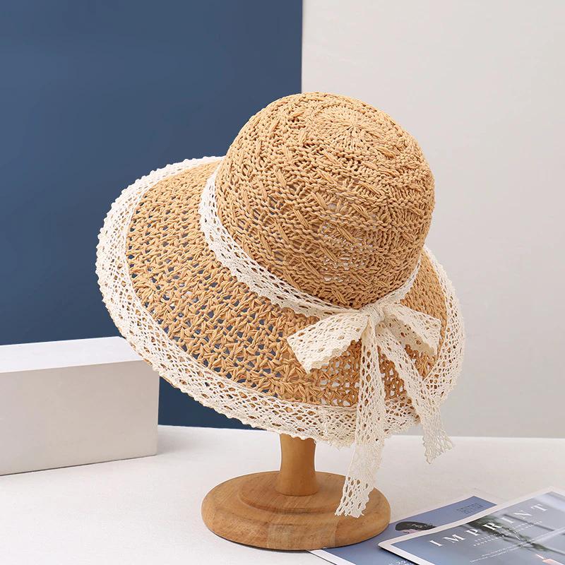 WTEMPO Lace Patchwork Casual Versatile Breathable Sun Hats Women's Solid Color Summer Wide Brim Outdoor Travel Beach Hats