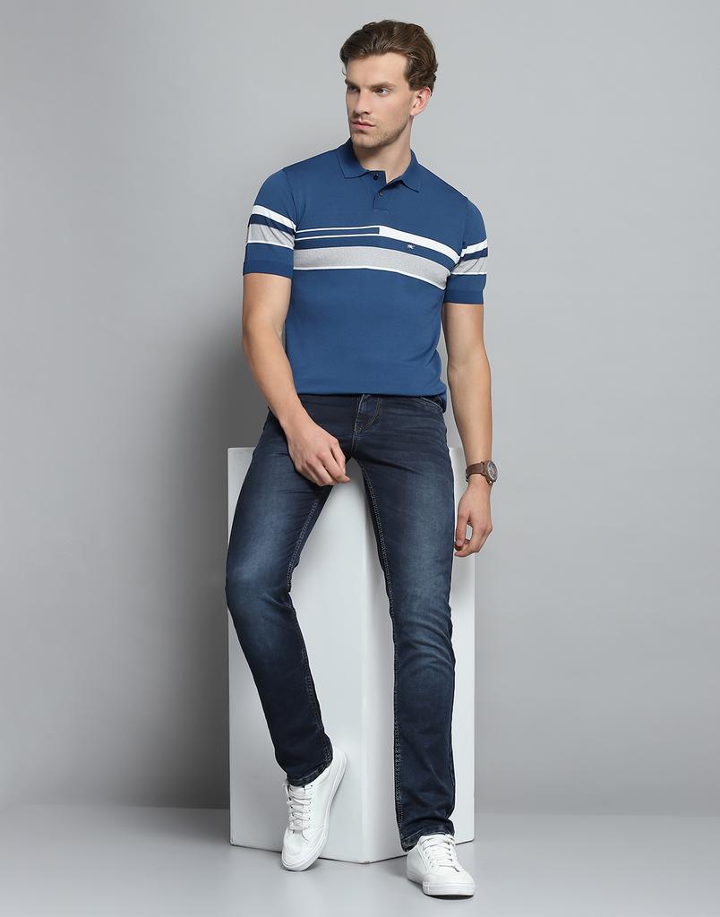 MONTE CARLO Mens Self Design Blue Collar Neck Half Sleeve T-Shirt