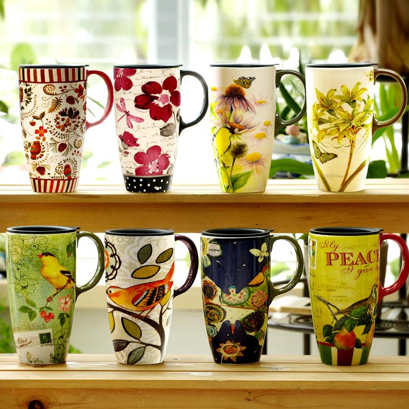 Vysoký keramický hrnek s víčkem Kreativní květinový potisk Krásné kávové hrnky na čaj Mléko, Velký objem Domácí kancelář, 500 ml, 1 ks