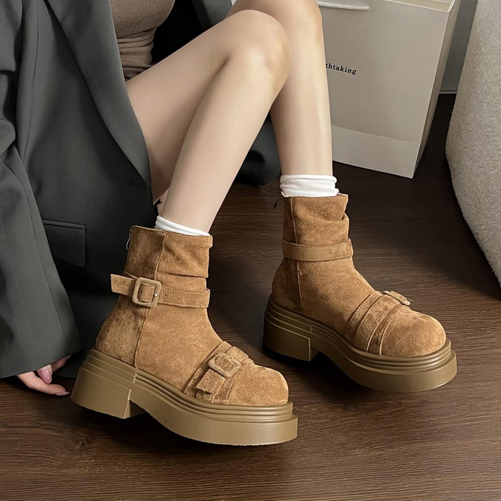 Retro western cowboy boots tube thick-soled British style Martin boots women's low tube new super fire short boots increase height